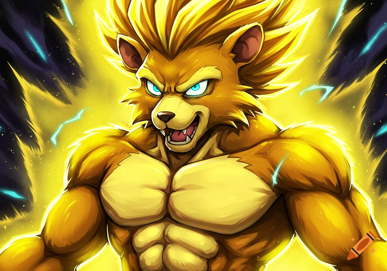 Muscular golden anthropomorphic bear creature with spiky hair and glowing eyes, surrounded by yellow energy aura in anime style.