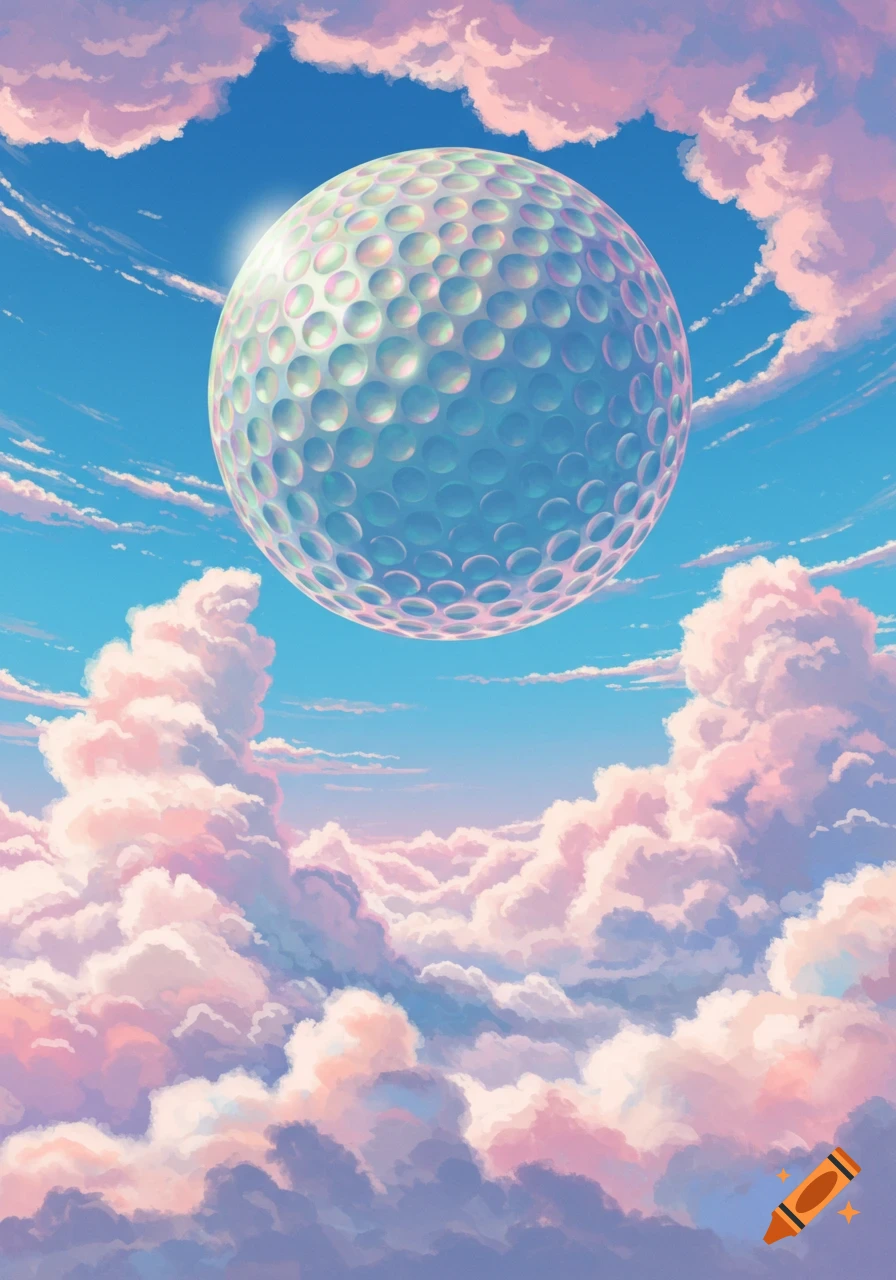 A giant, iridescent golf ball floats among pink and white clouds in a blue sky.
