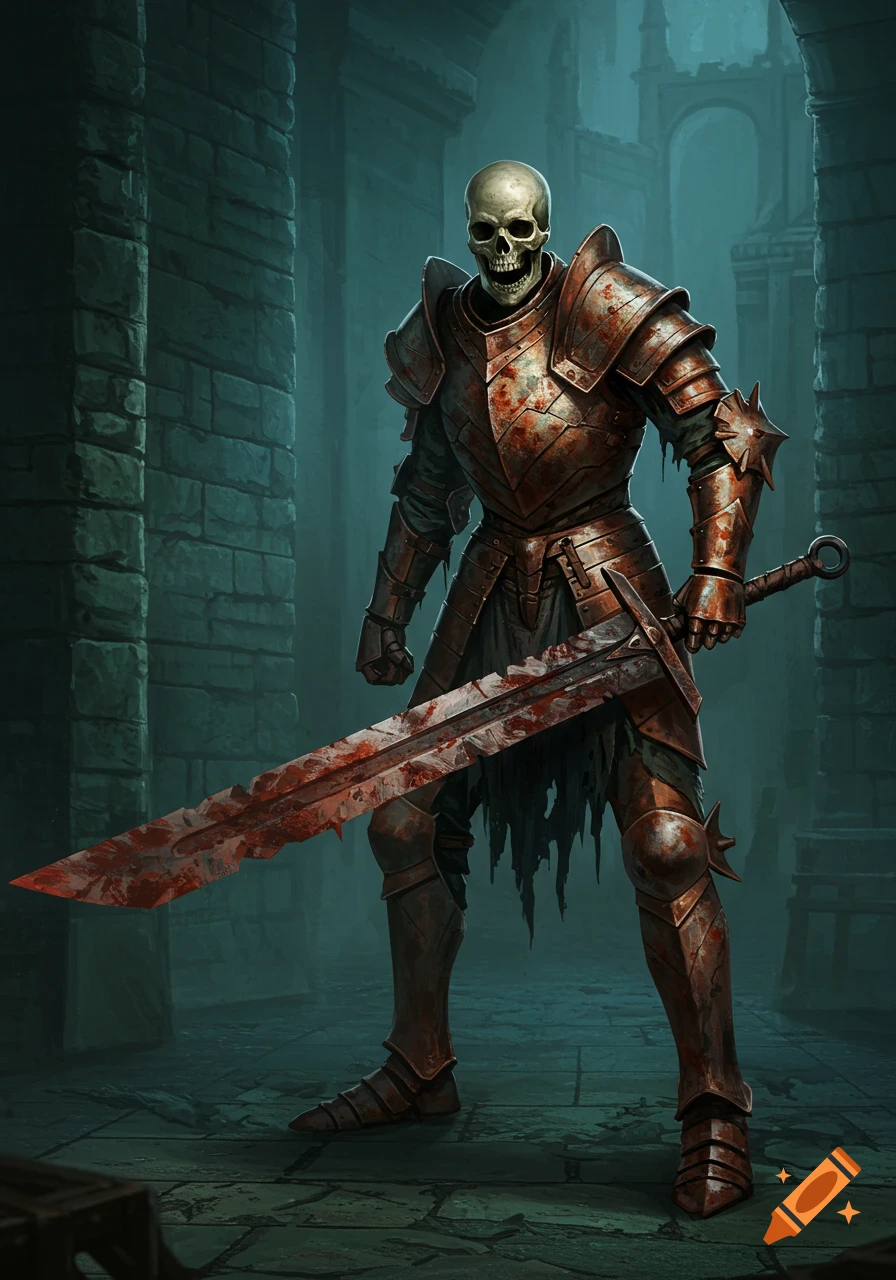 A skeleton warrior stands in a dark dungeon holding a large, bloody sword. Digital illustration.
