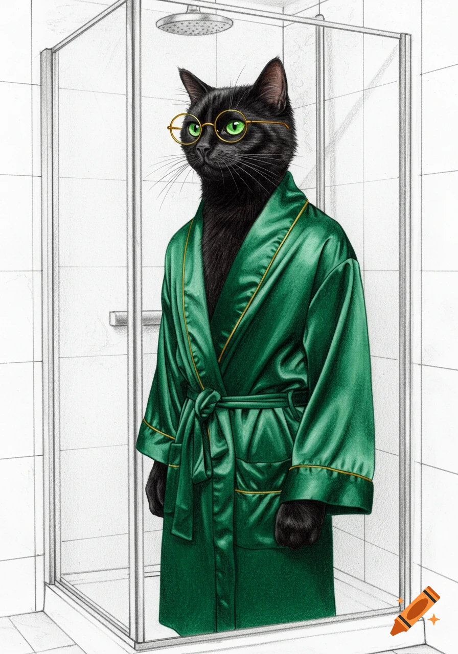A black cat wearing a green robe and glasses stands in a shower stall. Pencil drawing style.