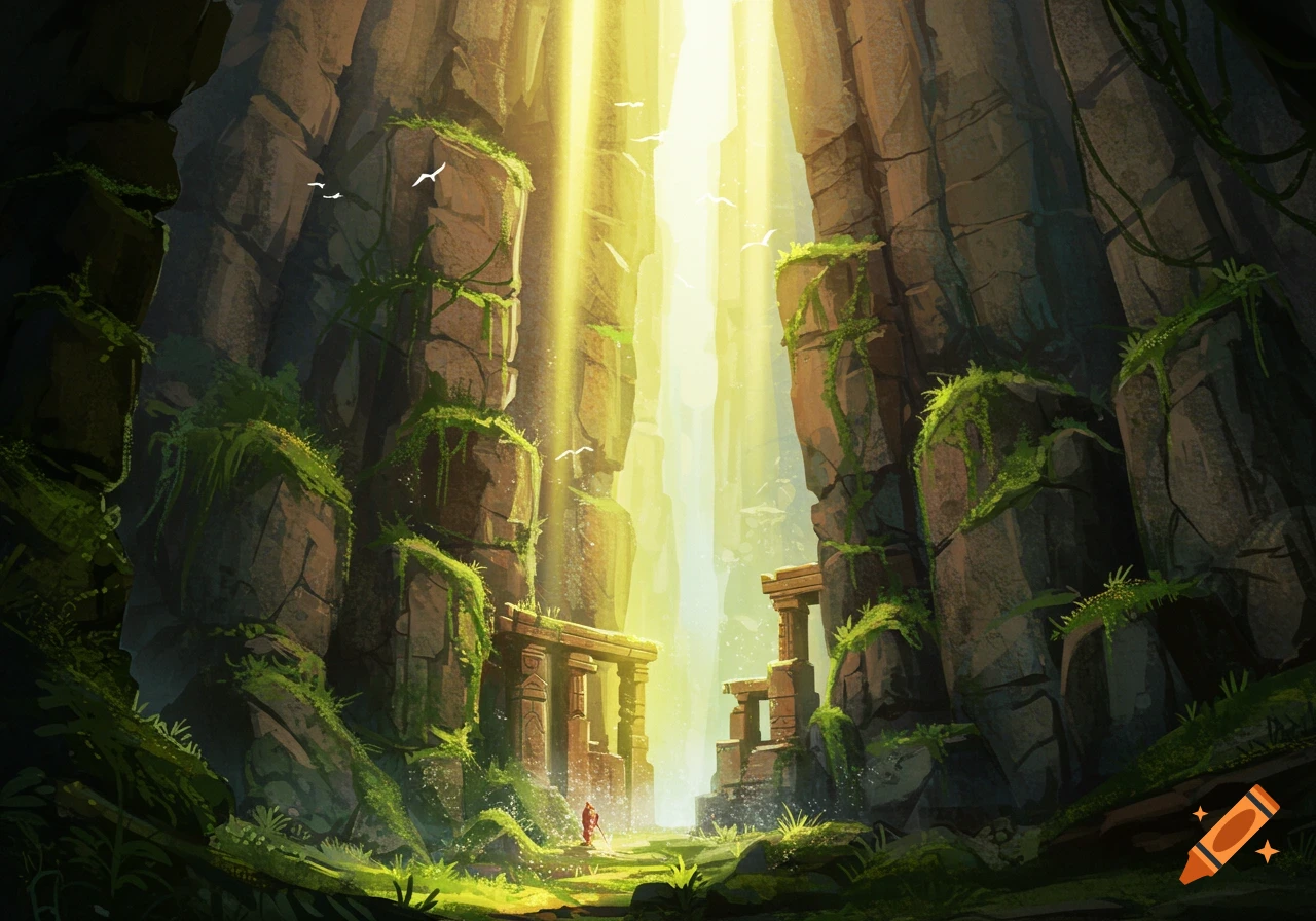 A small figure stands in a sunlit rocky canyon with ruins and vegetation.