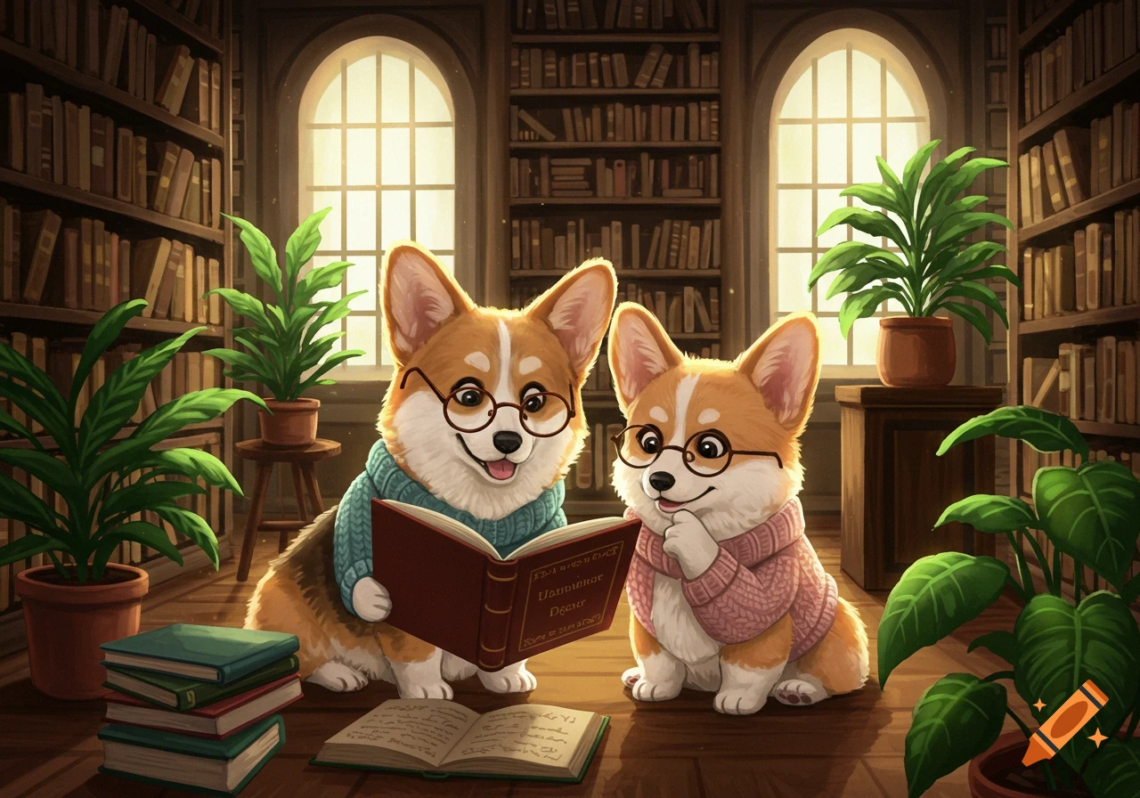 Illustration of two corgis wearing sweaters and glasses, reading a book in a library.