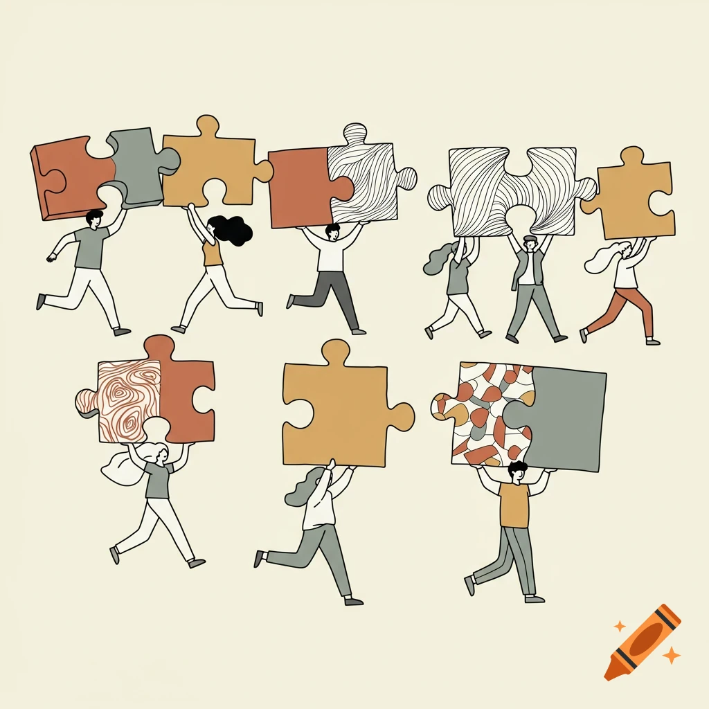 Outline drawing of people carrying large puzzle pieces.