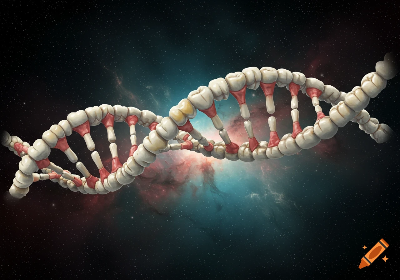 A double helix structure made of human teeth against a starry space background.