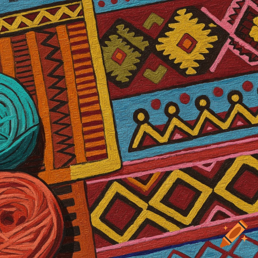 Colorful Ethiopian-style textile pattern with yarn balls.