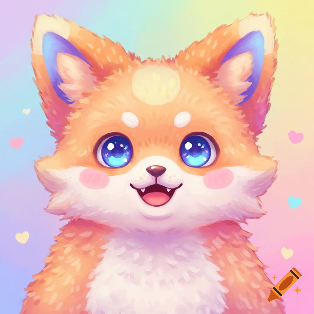 Cute cartoon fox avatar with large blue eyes against a pastel rainbow background.