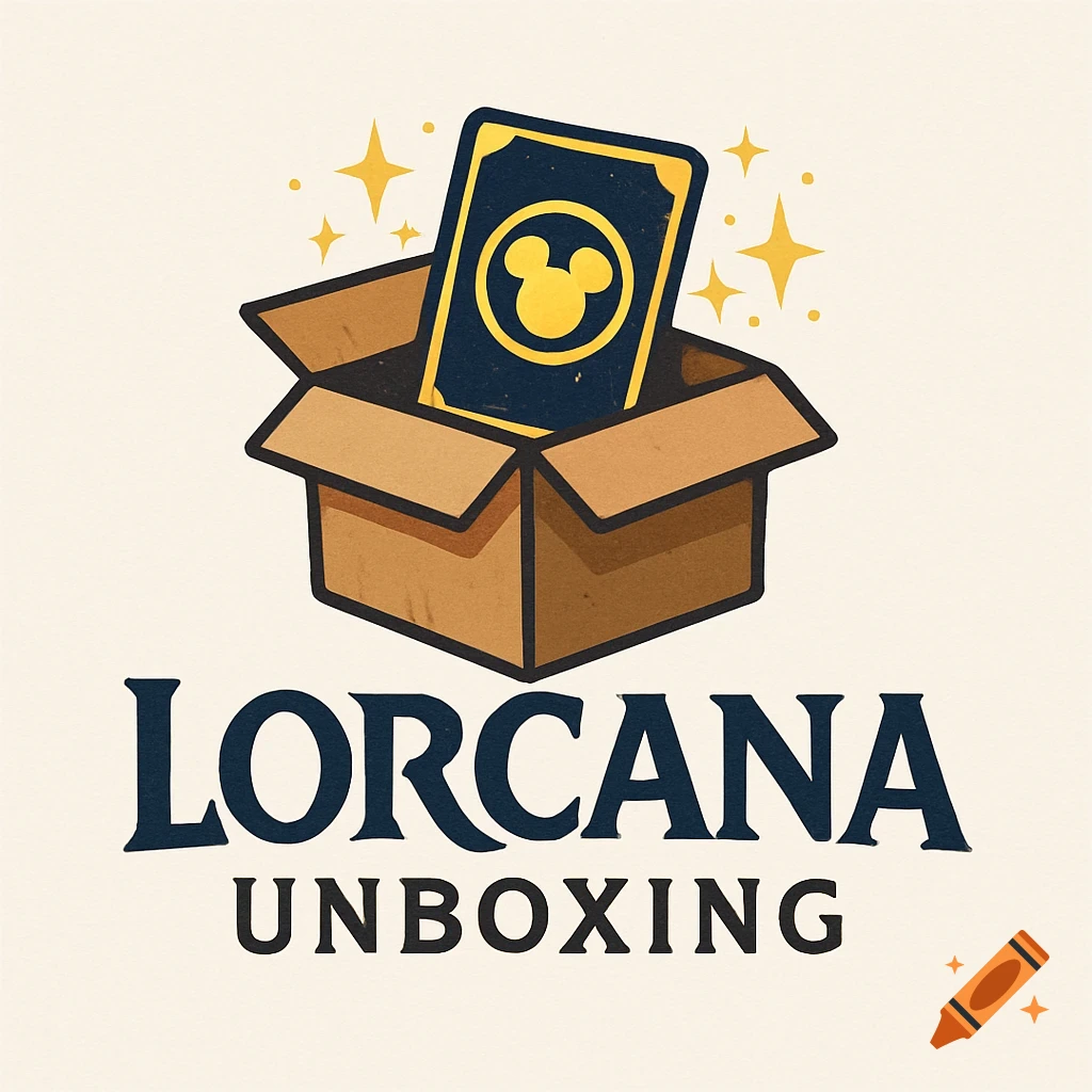 Logo with a card featuring a Mickey Mouse symbol emerging from a box, with text 'LORCANA UNBOXING'.