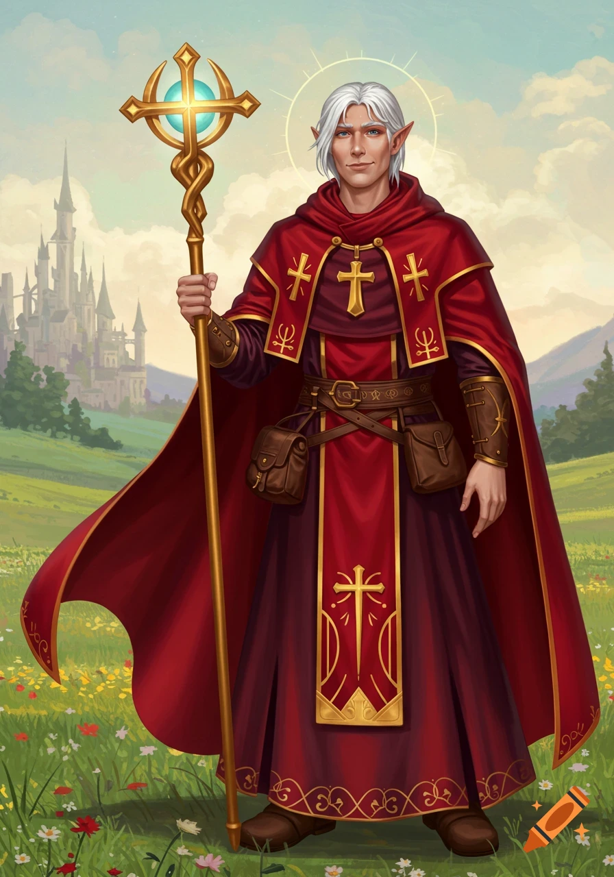 A fantasy cleric with white hair and elf ears, wearing red robes and holding a golden staff, stands in a field with a castle behind him.
