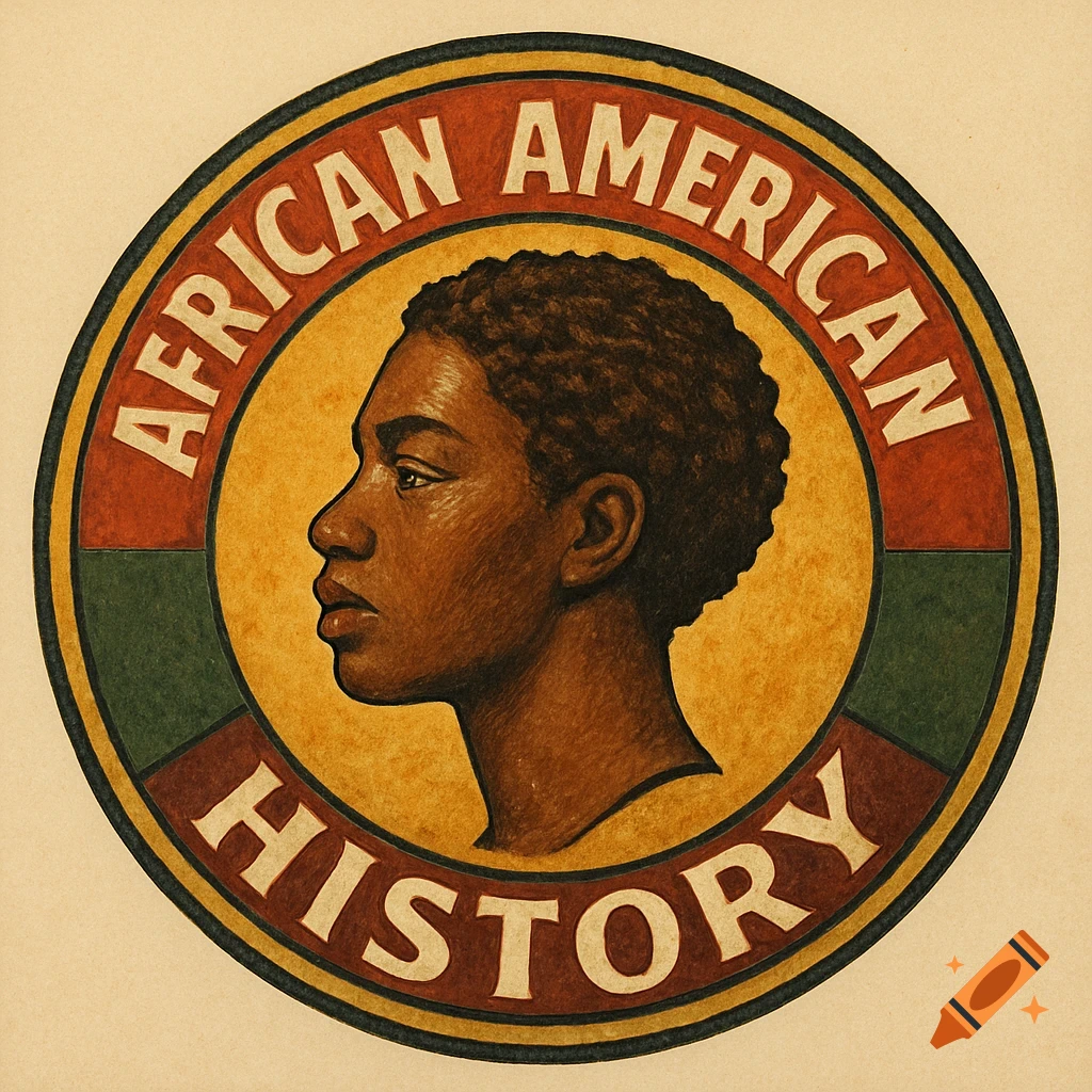 A circular badge with a profile portrait of a person and the text AFRICAN AMERICAN HISTORY.