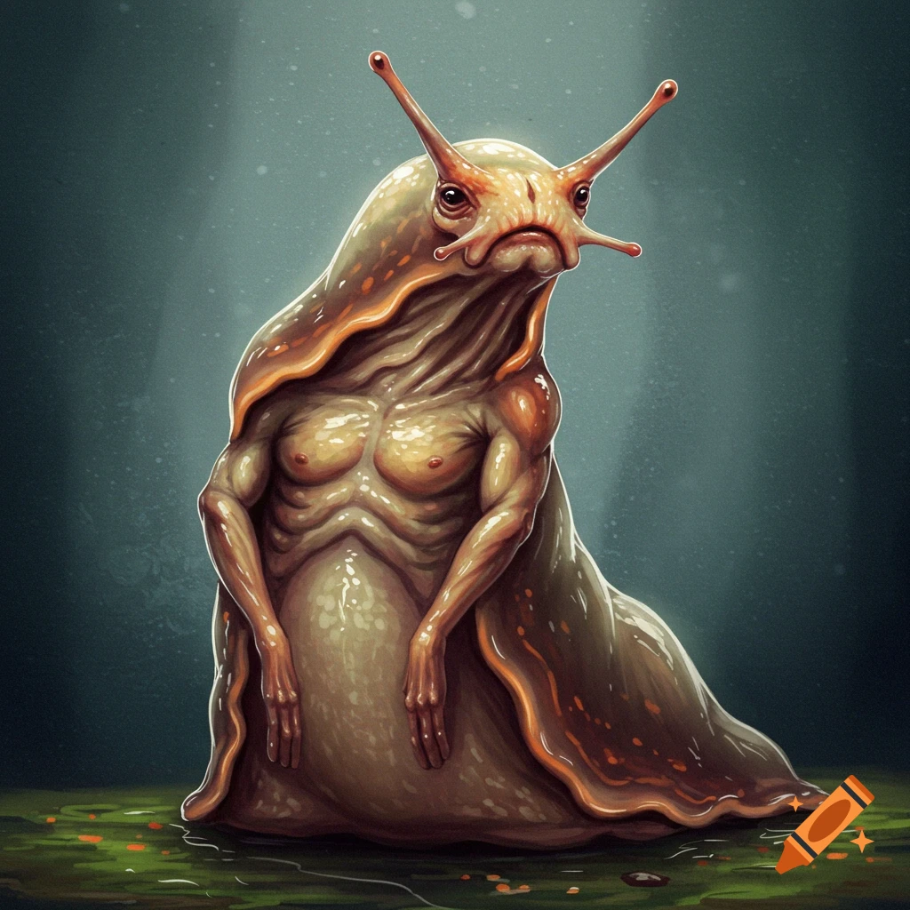 A slug-like creature with a human torso, arms, and head stands on a wet surface.