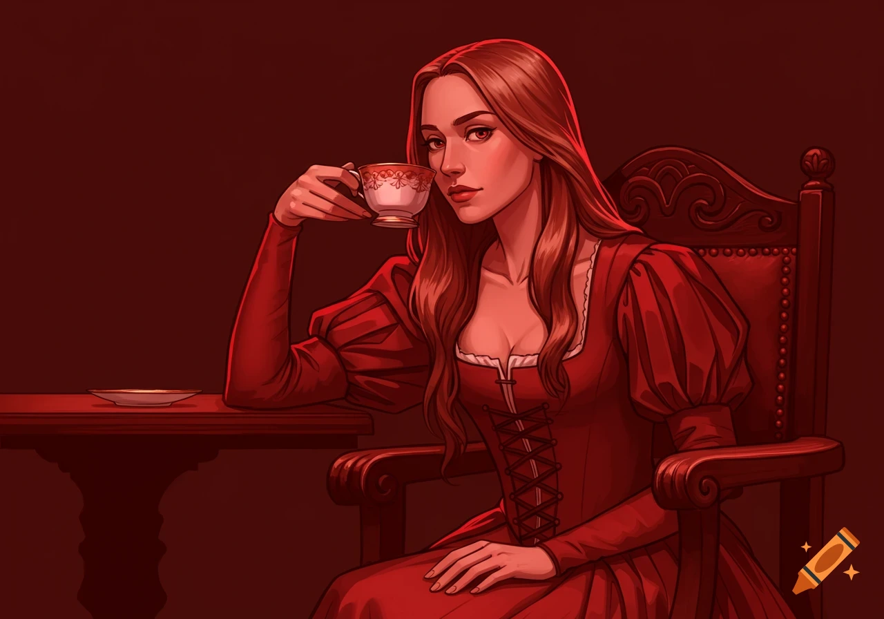 Illustration of a woman in a red renaissance dress holding a teacup in an arcane style.