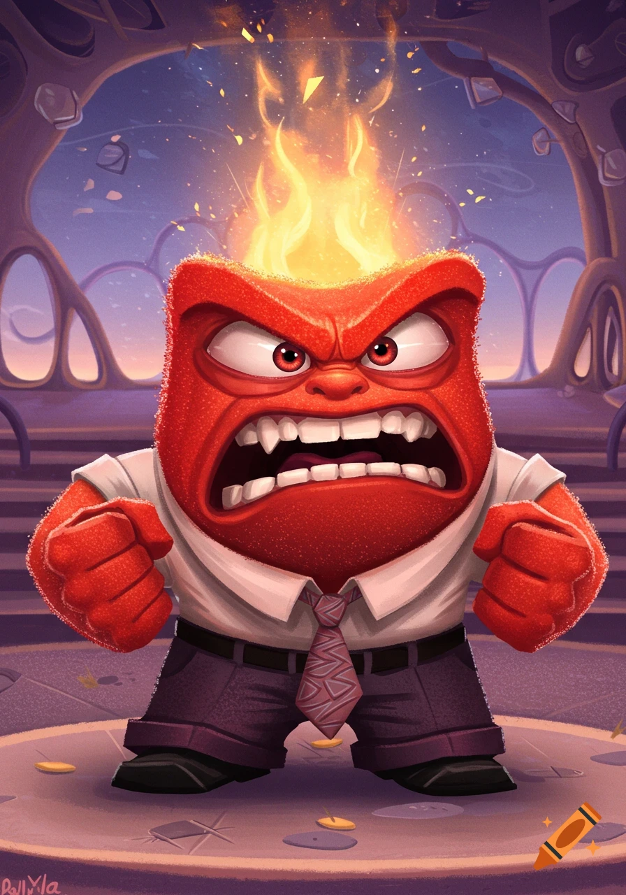 Cartoon character Anger from Inside Out, red with flaming head, looking furious with clenched fists.