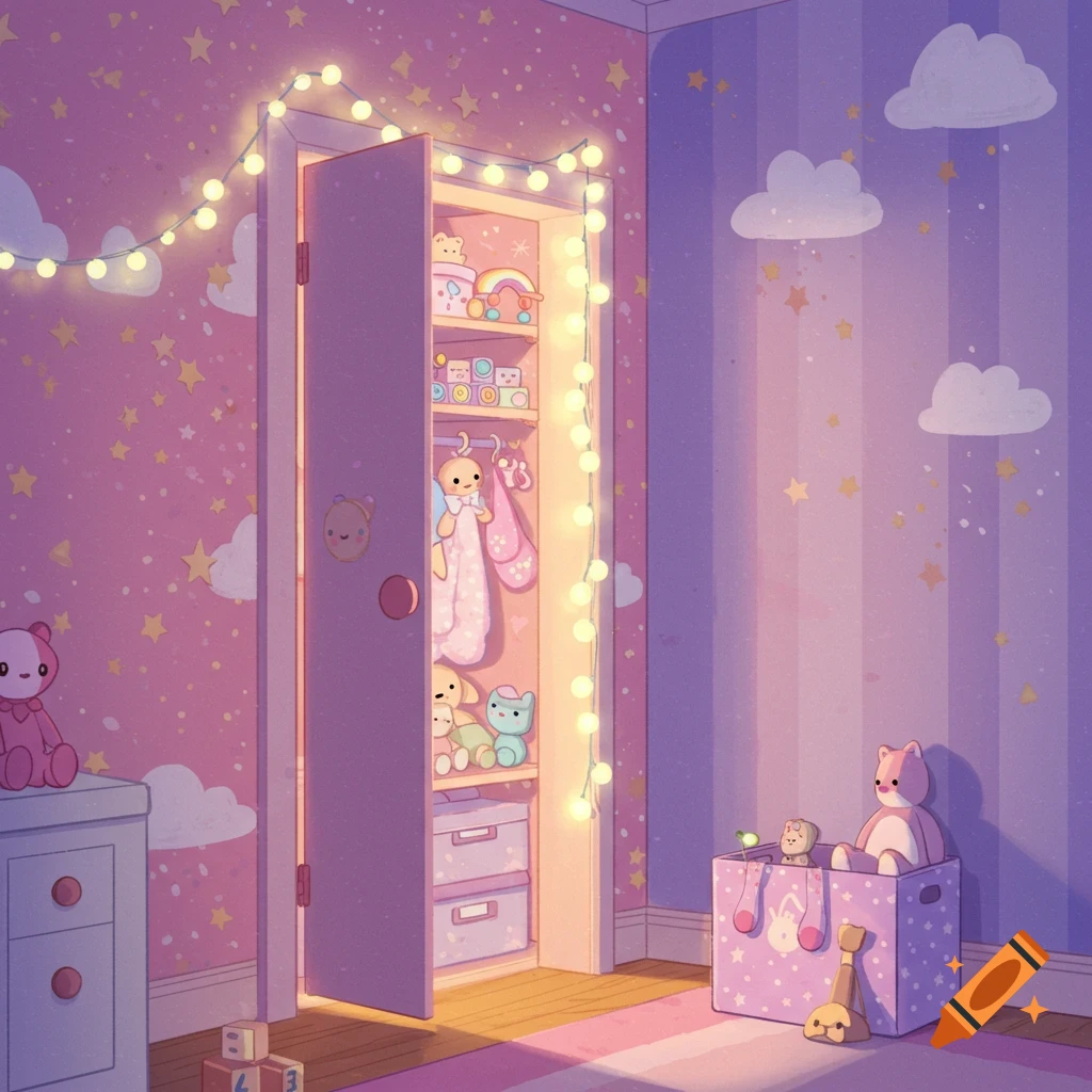 Pastel illustration of a cozy room with an open closet full of toys, string lights, and stuffed animals.