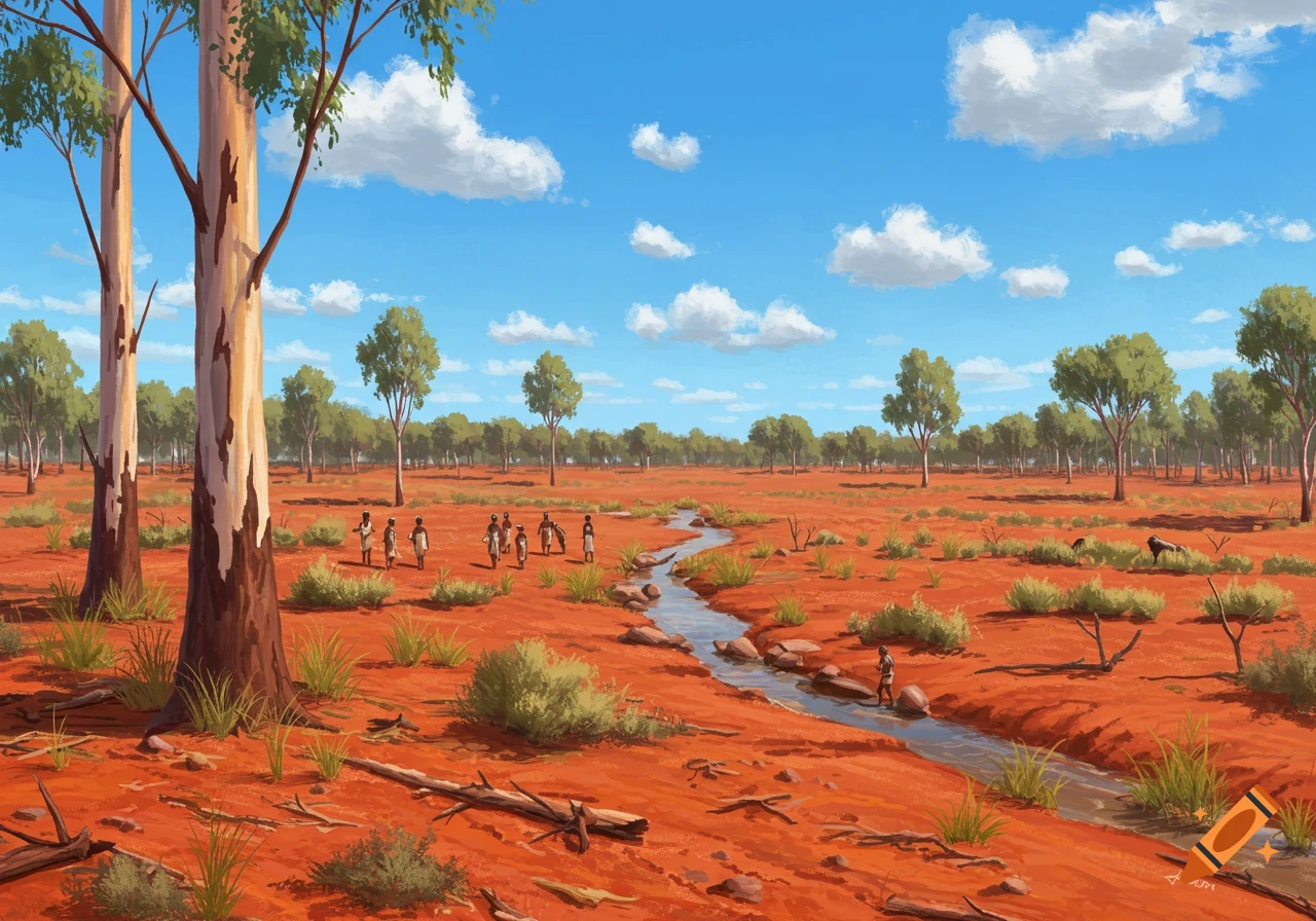 Illustration of Australian outback landscape with red earth, eucalyptus trees, a creek, and Indigenous figures.