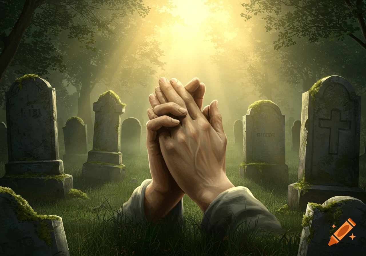 Praying hands emerge from the ground in a sunlit graveyard.