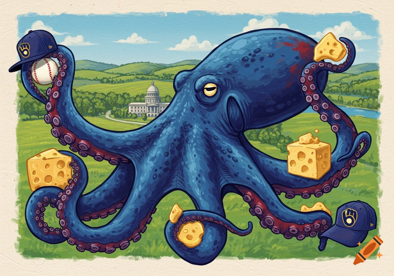 A blue cartoon octopus holds cheese cubes and Milwaukee Brewers baseball caps in a hilly landscape with a capitol building.