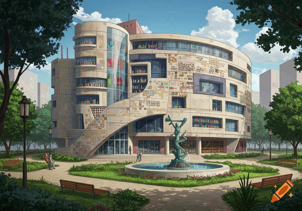 Illustration of a futuristic circular library building in a park with a fountain and statue.
