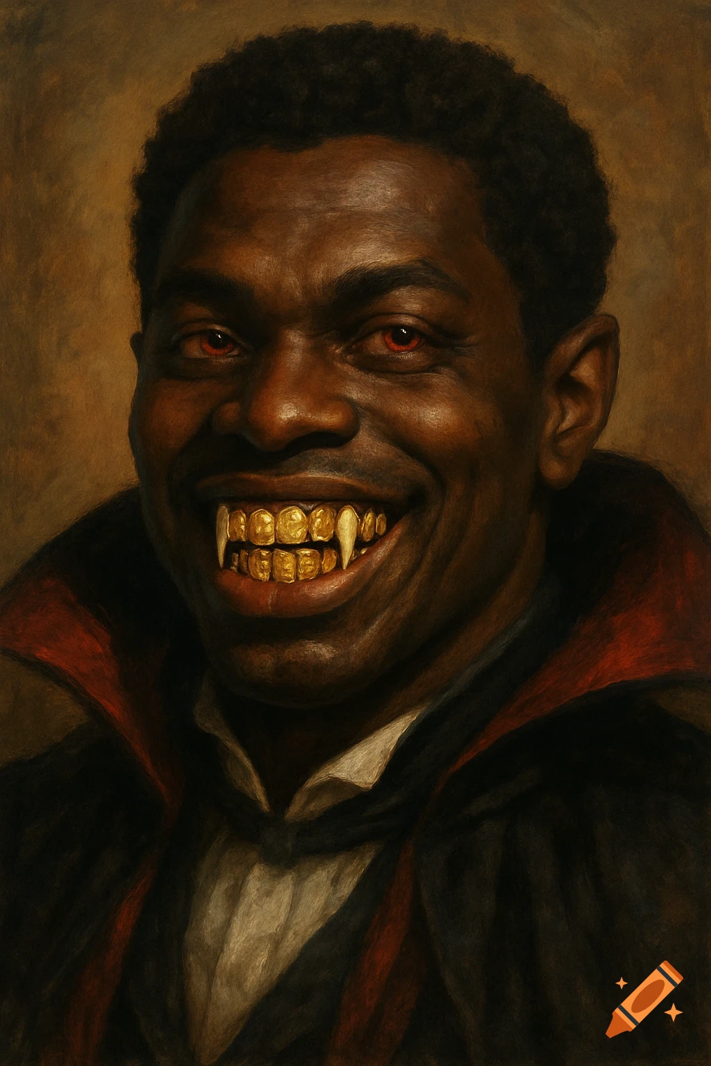 Painted portrait of an African American vampire with red eyes and gold fangs