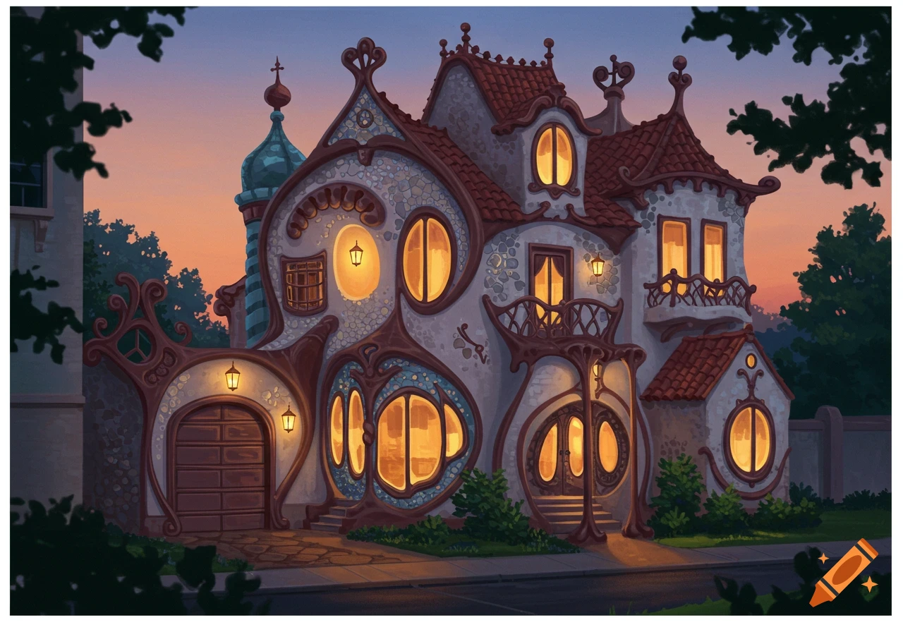 Art nouveau style house at sunset