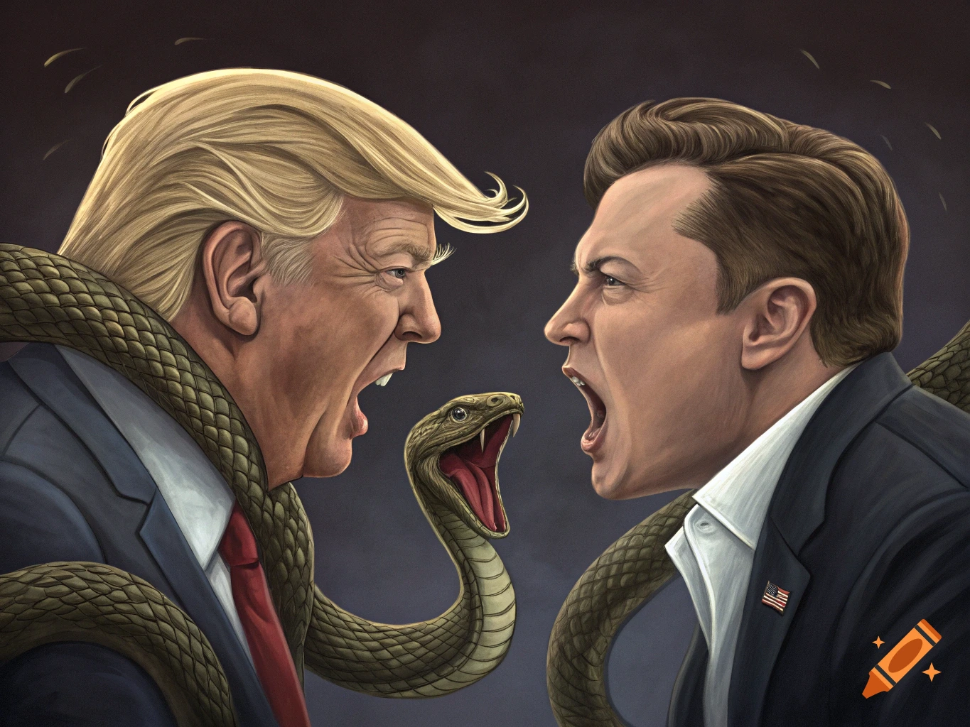 Illustrative depiction of Donald Trump and Elon Musk yelling at each other, with a snake between them and coiled around each.