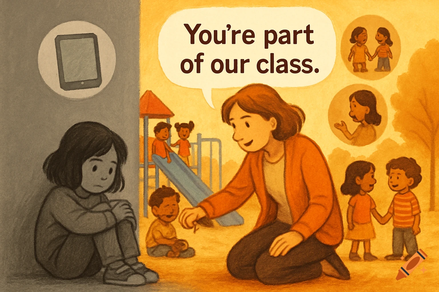 Illustration of a child sitting alone in a gray area, while a teacher in a warm area speaks to them, 'You're part of our class'.