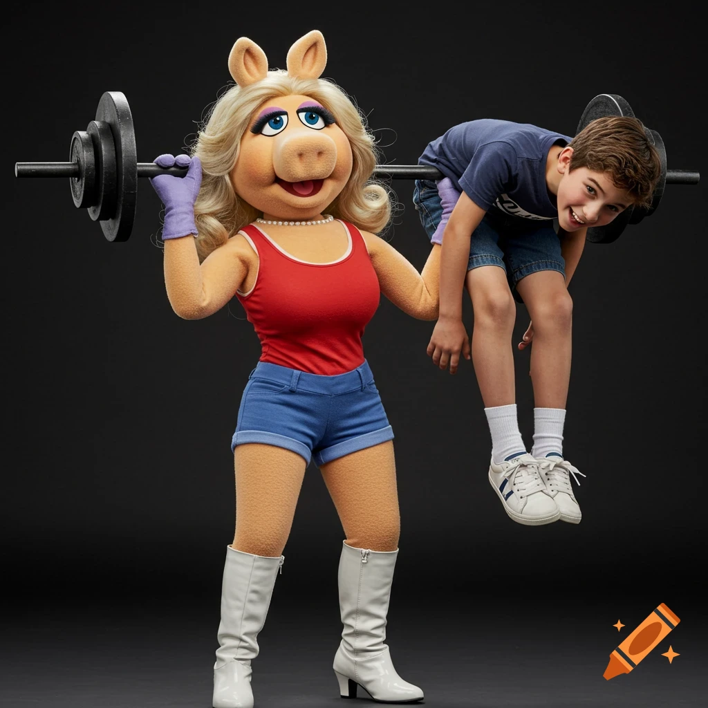 Miss Piggy in a red tank top lifts an amused boy on a barbell in a studio photograph.