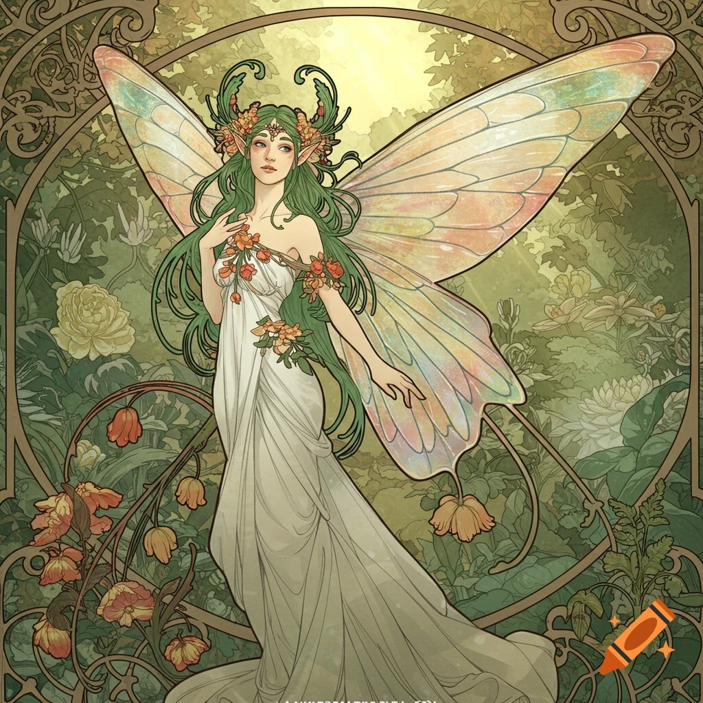 An Art Nouveau illustration of a fairy with green hair and iridescent wings in a forest setting.