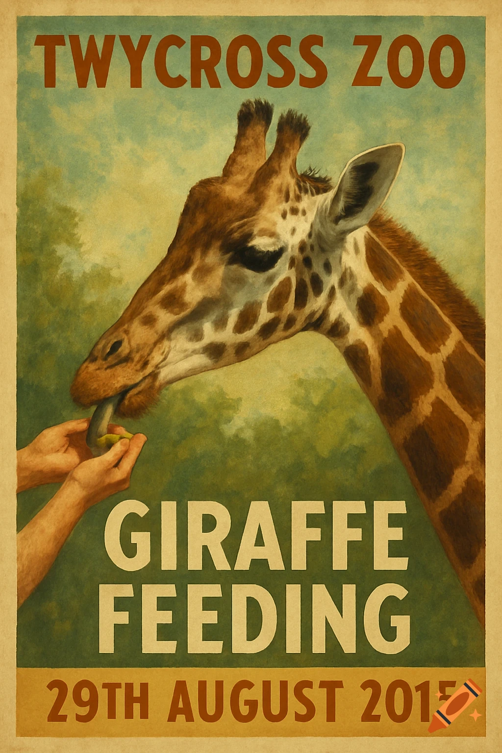 Vintage style poster for Twycross Zoo Giraffe Feeding event, showing a giraffe eating from hands.
