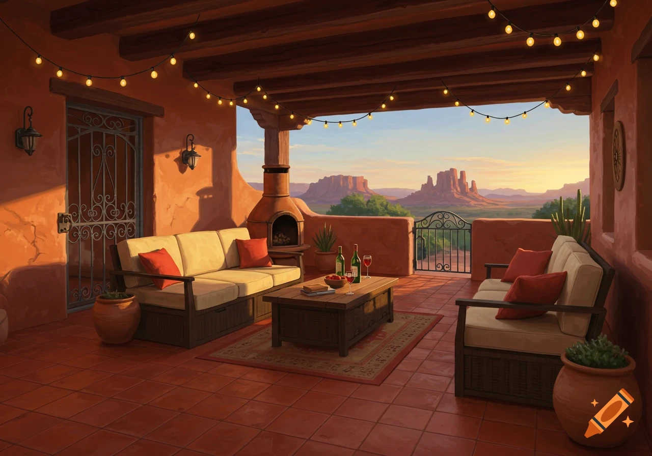 Southwestern patio with furniture, chimenea, and string lights overlooking a desert landscape.