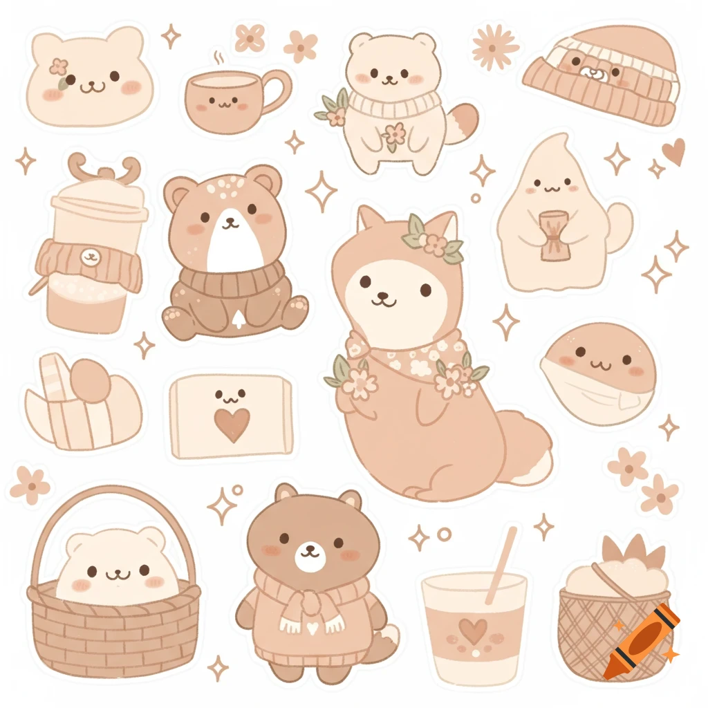 Cute cartoon animal and object stickers in pastel colors.