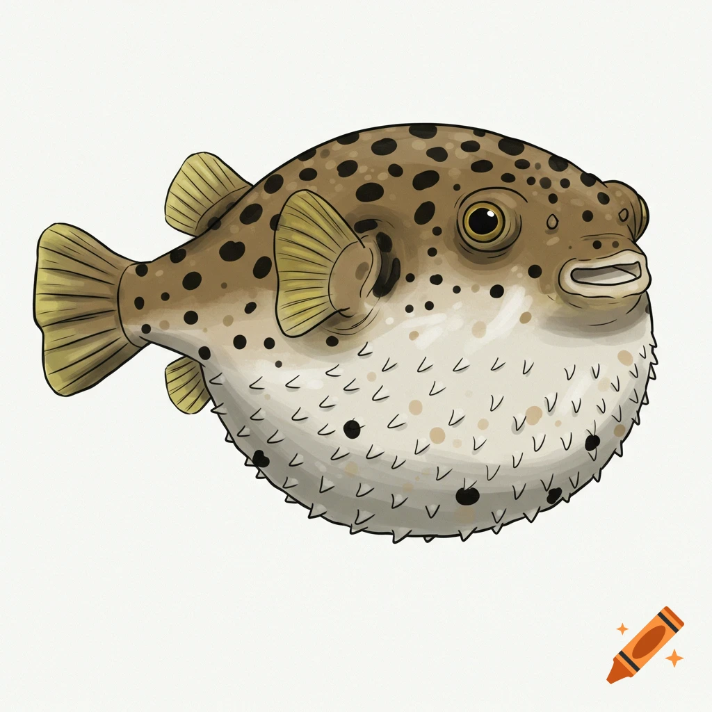 Cartoon illustration of a spotted pufferfish.