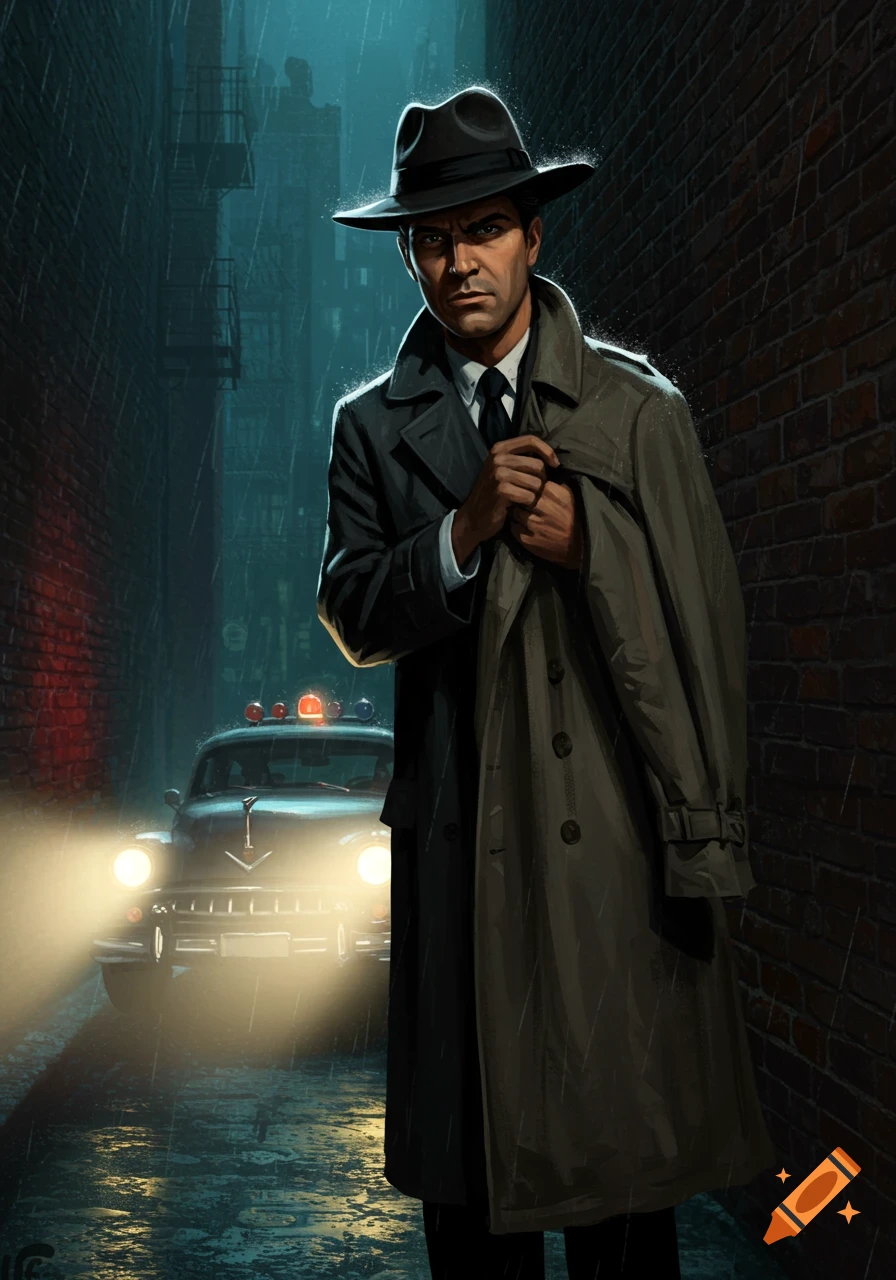 A man in a trench coat and fedora stands in a rainy alley next to a vintage police car.