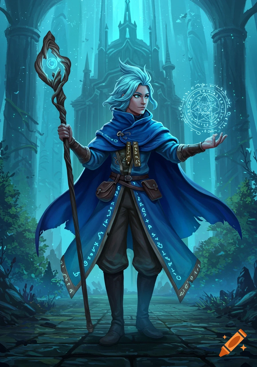 A fantasy mage in a blue cape holding a staff and casting a magic spell in front of a castle.