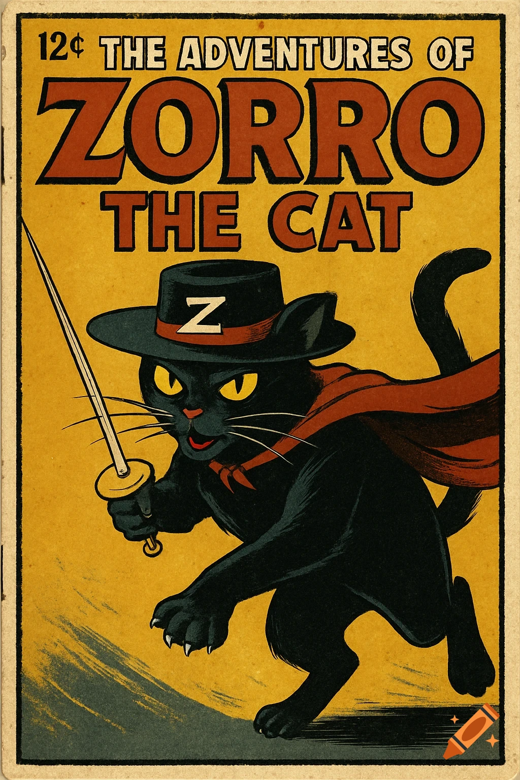Vintage comic book cover showing a black cat dressed as Zorro, holding a sword.