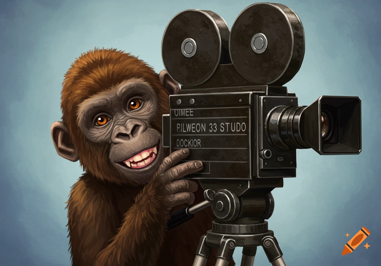 A smiling monkey holds a vintage film camera on a tripod.