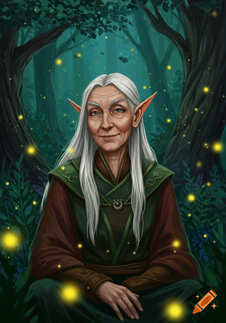 An old elf woman with white hair sits in a mystical forest surrounded ...