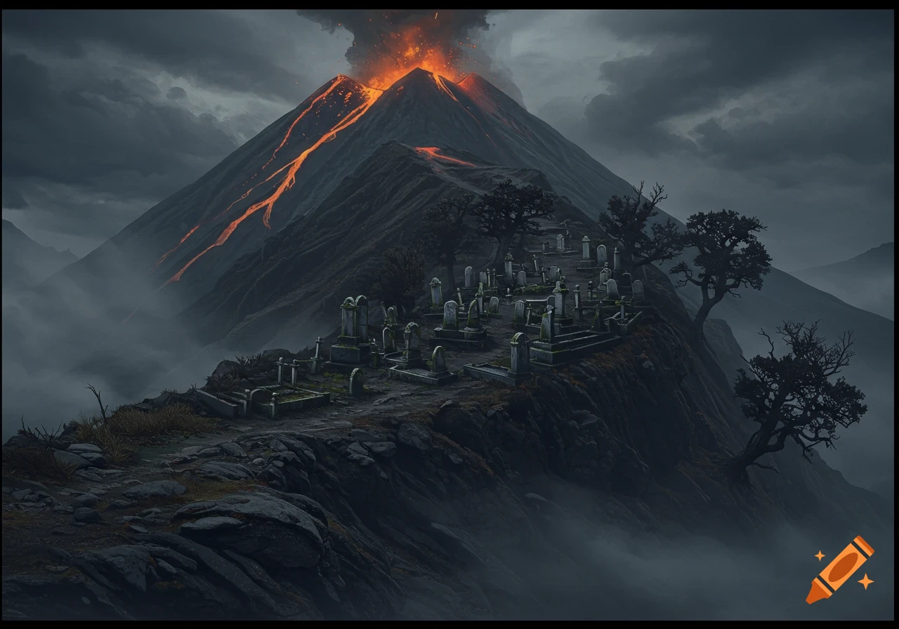 A cemetery on a rocky slope with a volcano erupting in the background under a cloudy sky.