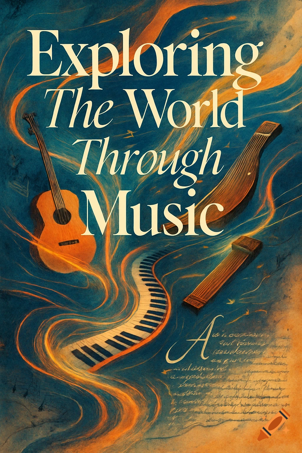 Artistic poster for Exploring The World Through Music with guitar, piano keys, and other instruments on a swirling blue and orange background.