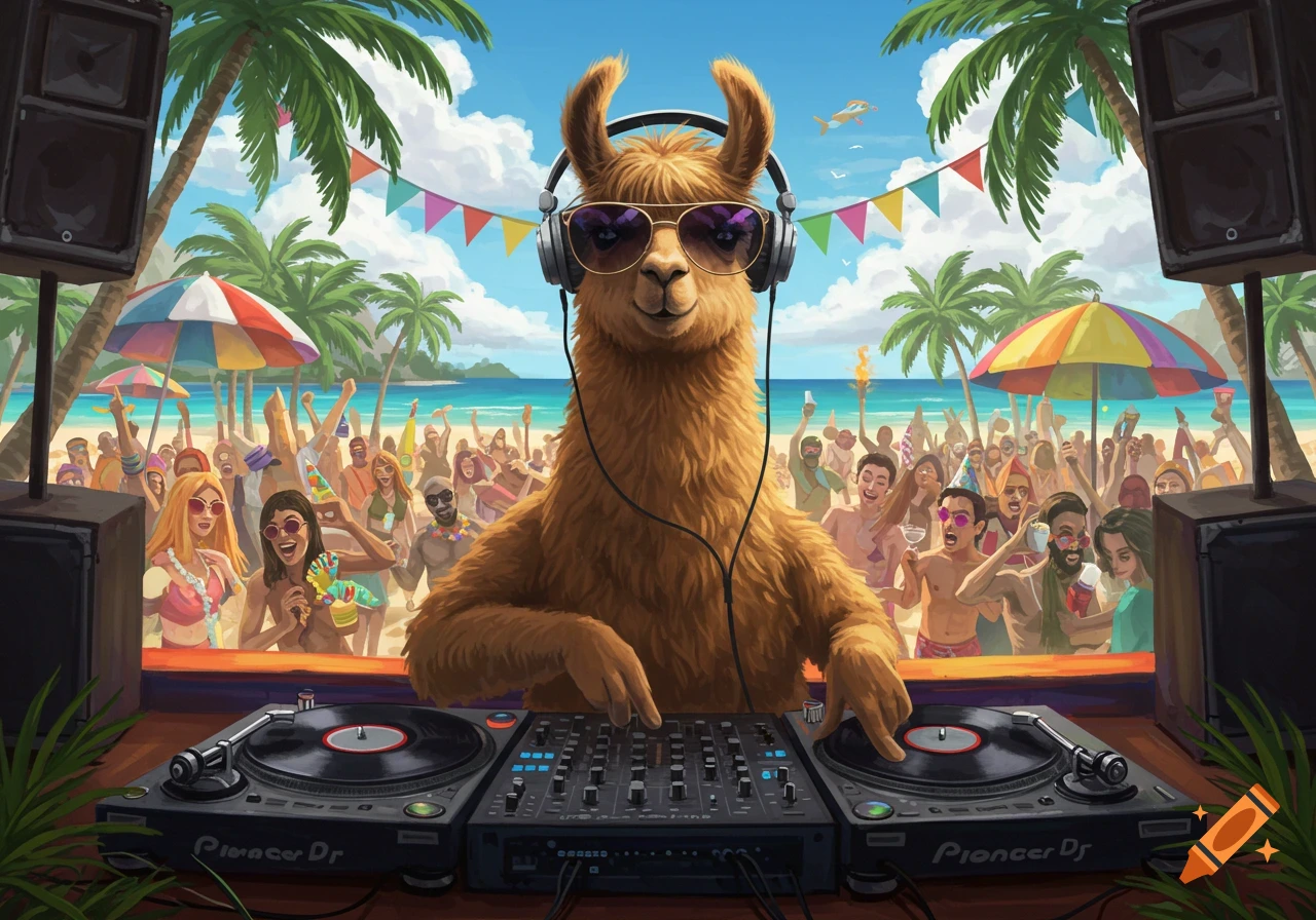 A llama in sunglasses and headphones DJs at a crowded beach party with palm trees and a colorful umbrella.
