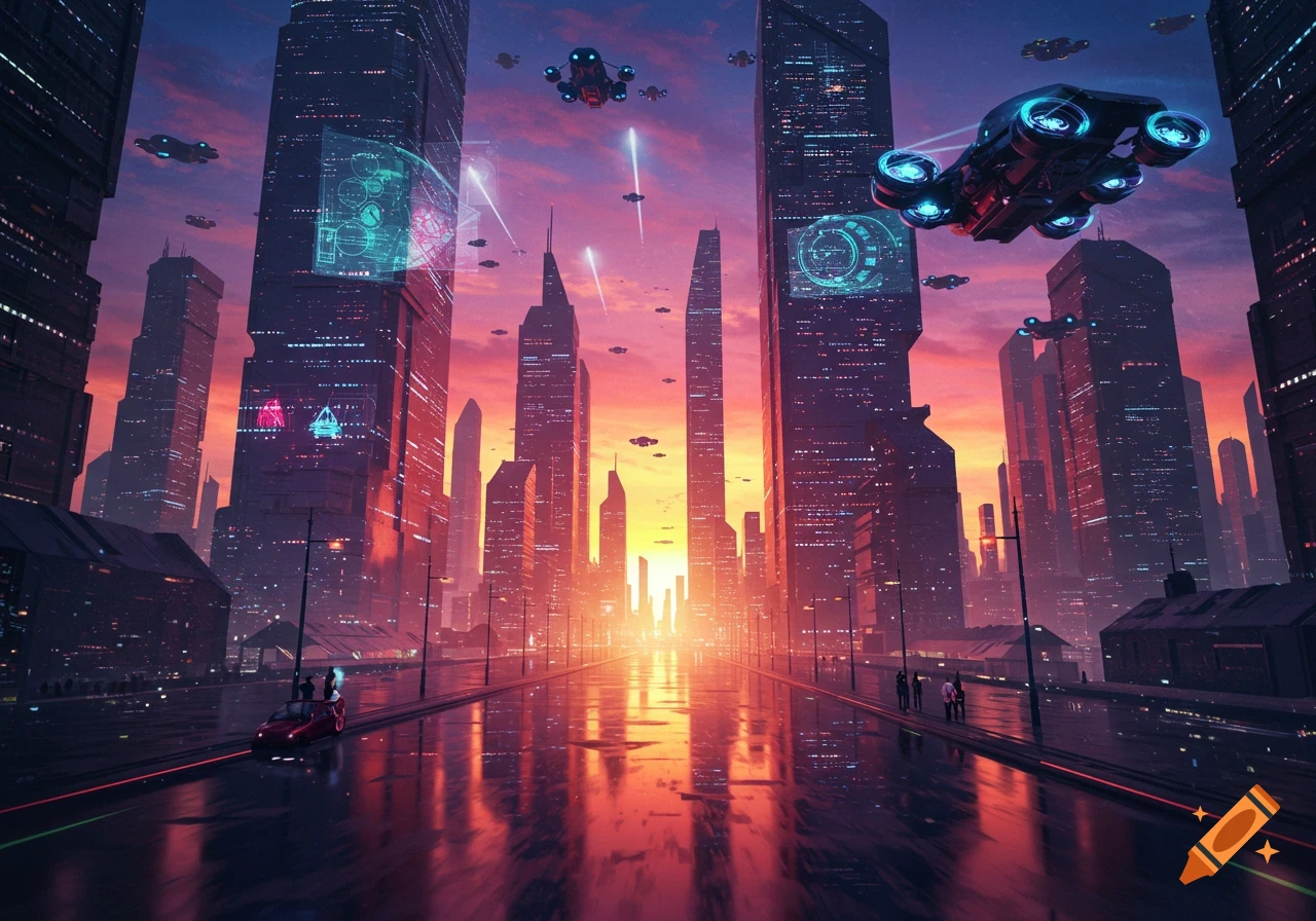 Futuristic city street at sunset with flying vehicles, tall buildings ...