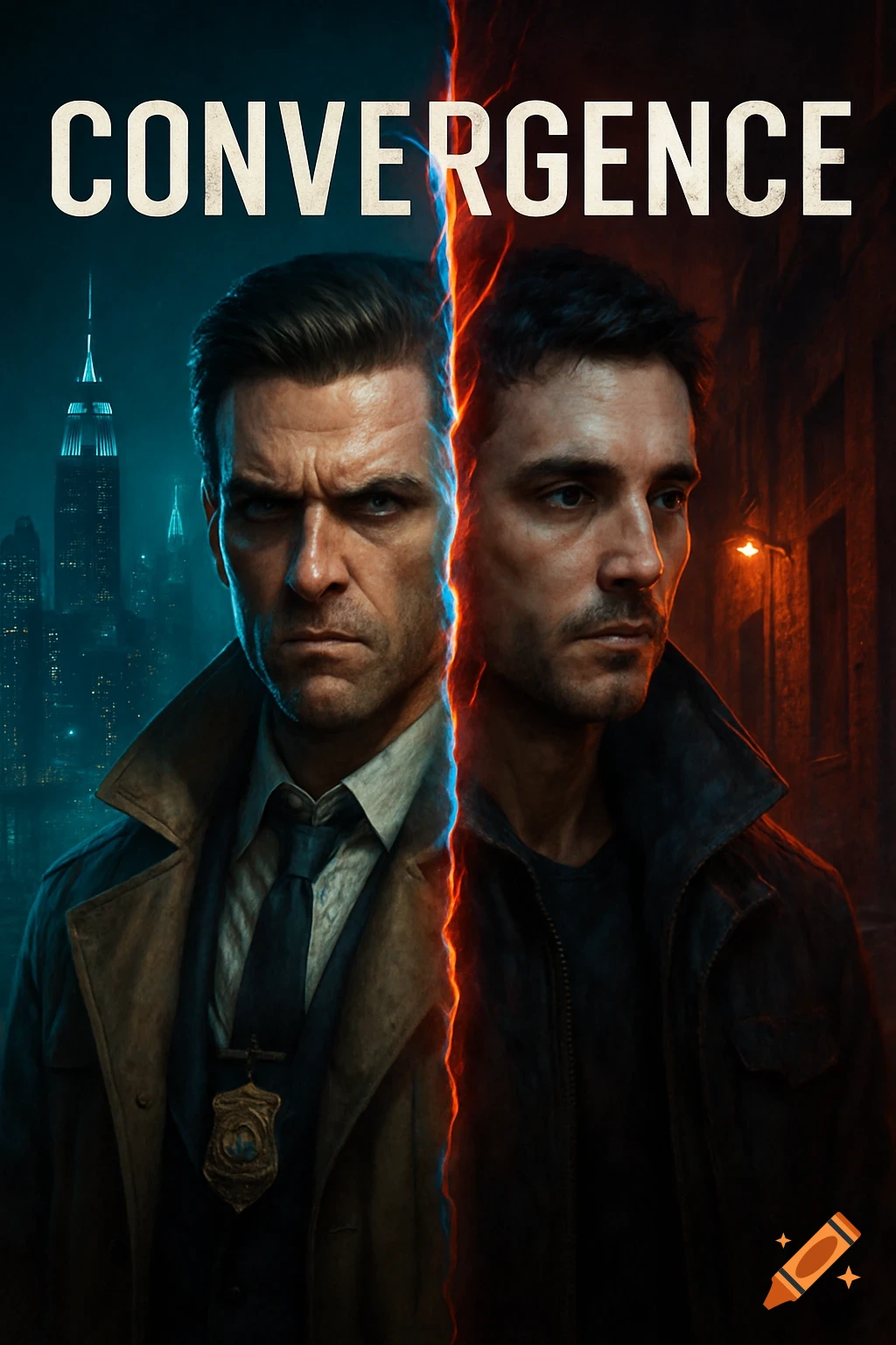 Cover art with split image of two men against sci-fi city and alley backgrounds, title CONVERGENCE