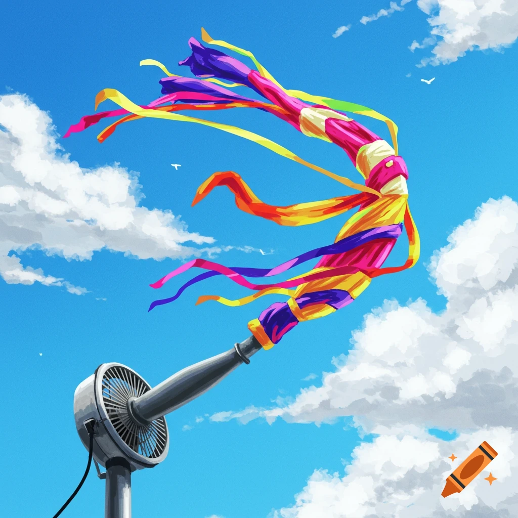 A colorful sky dancer inflated by a fan against a bright blue sky with clouds.