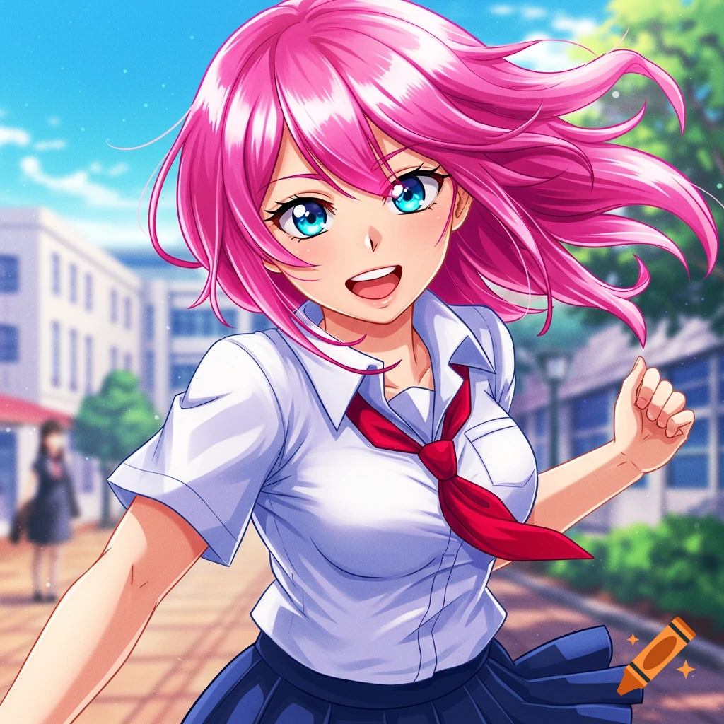 Smiling anime girl with pink hair and blue eyes, wearing a school uniform, running outdoors giving a thumbs up