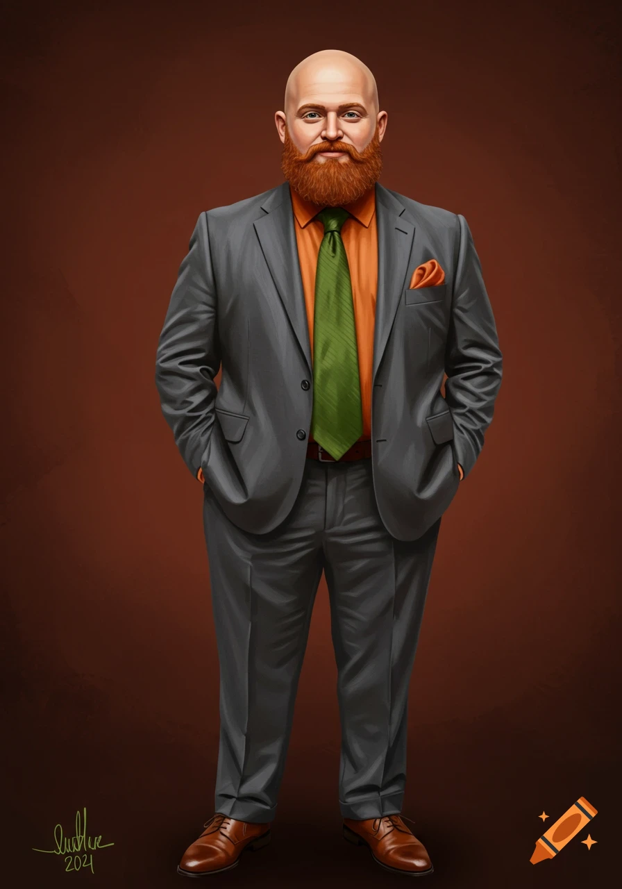 Bald man with red beard wearing a grey suit, orange shirt, and green tie. Digital painting.