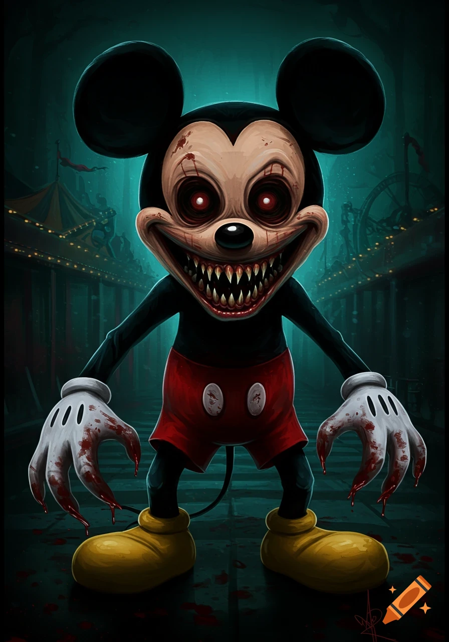 A monstrous, bloody Mickey Mouse with sharp teeth and glowing eyes stands in a dark, eerie carnival.