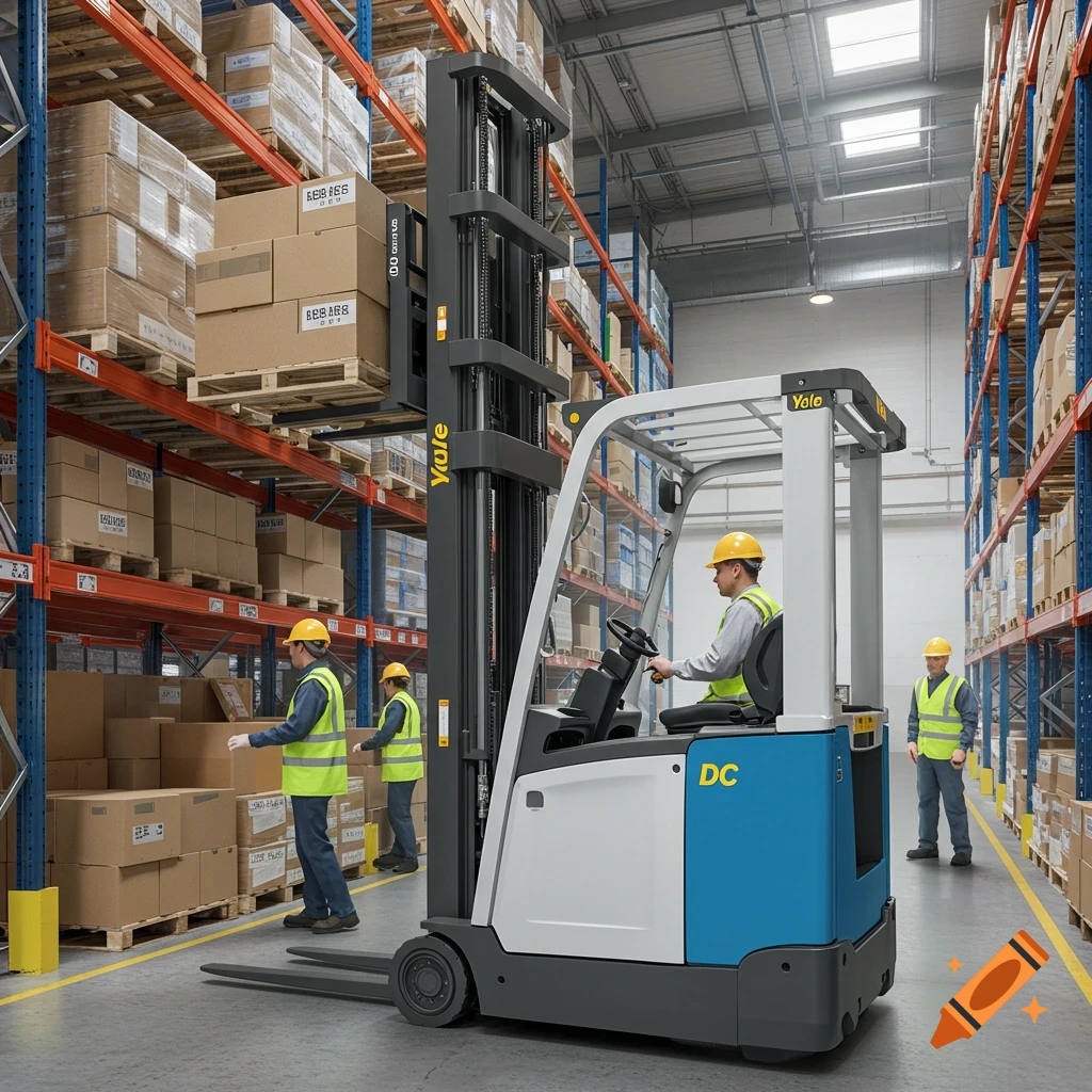 A reach truck forklift operates in a large warehouse with shelves of boxes and workers.