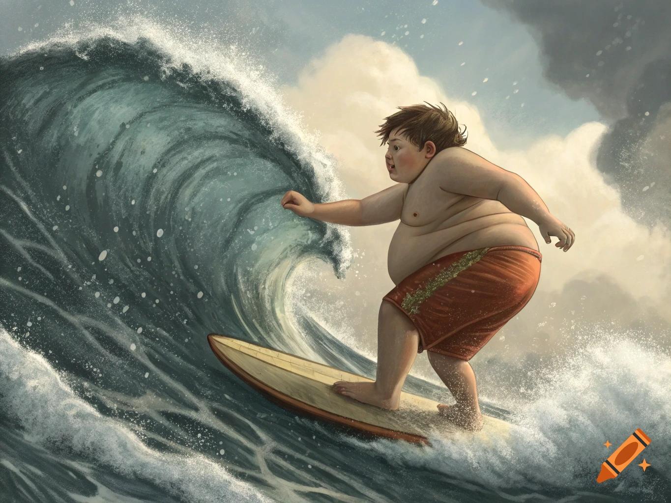 Painterly image of a boy surfing a large wave.