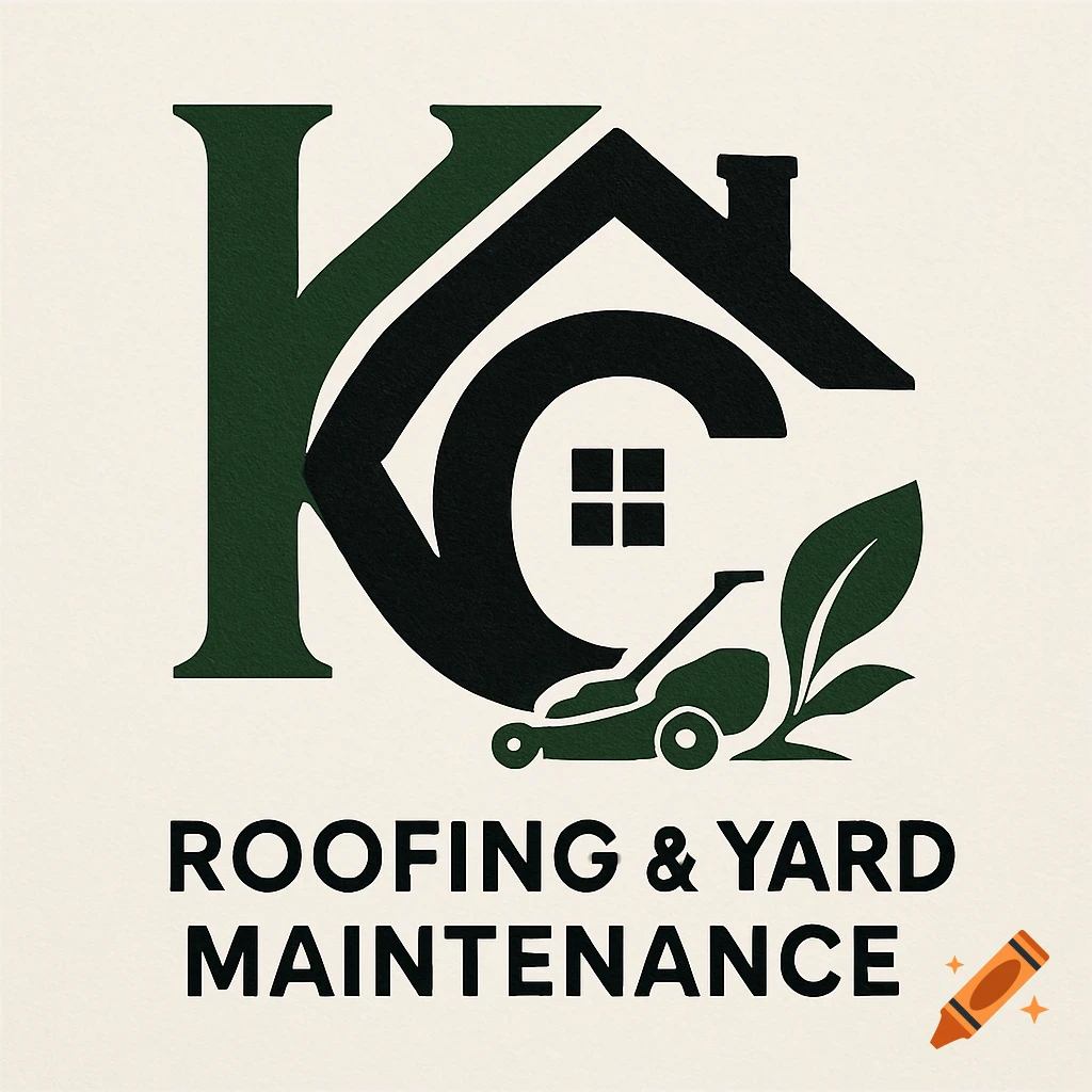 Logo combining letters K and C with a house, lawnmower, and leaf above the text 'ROOFING & YARD MAINTENANCE'