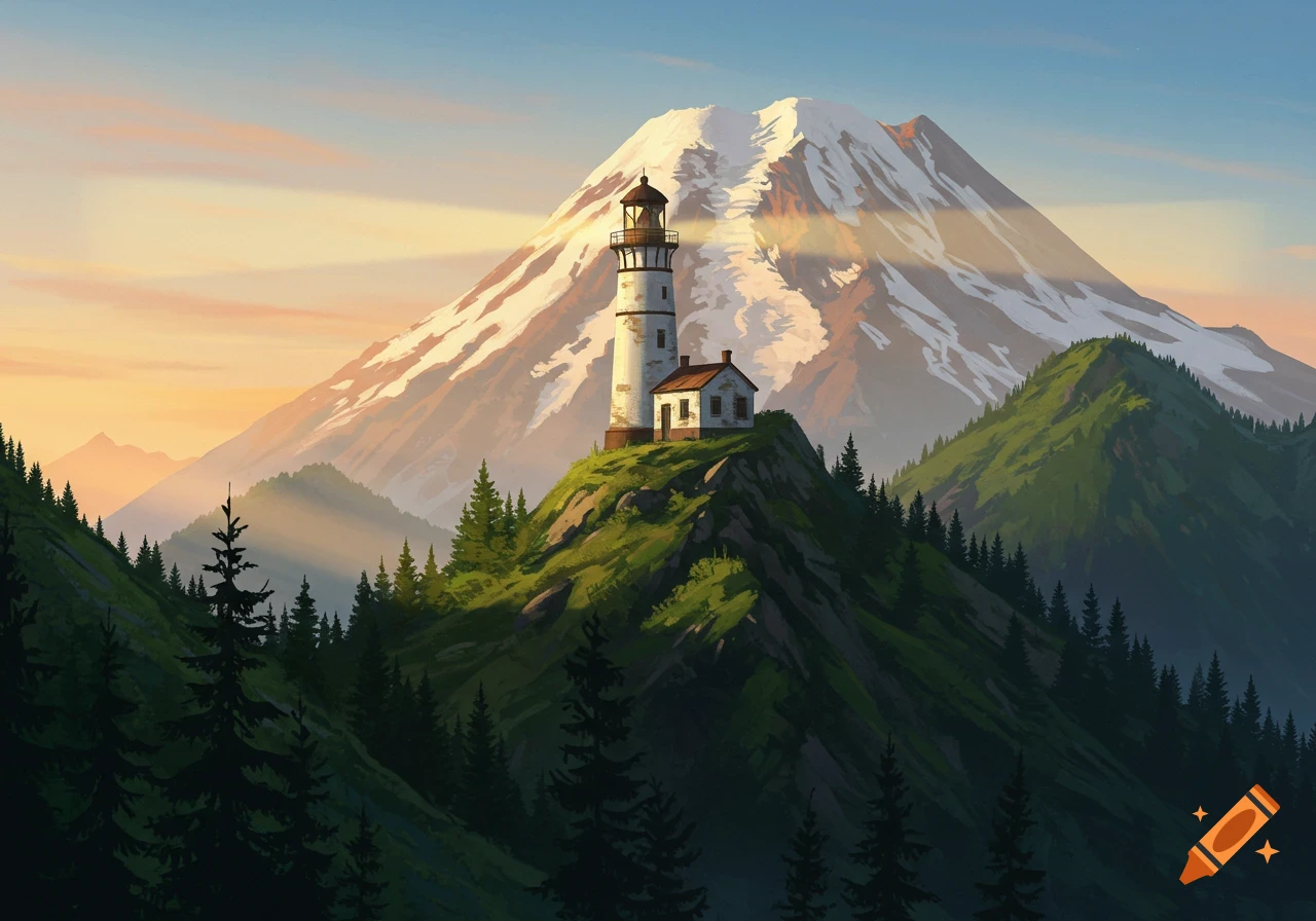 A lighthouse and small building on a green hill with trees, set against a snowy mountain and sunrise sky in a painted style.