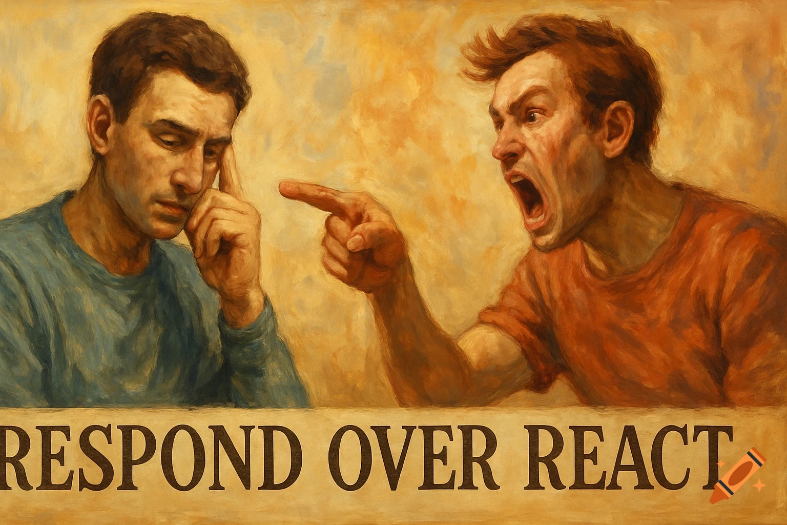 Painting of a man thinking while another man shouts and points. Text reads "RESPOND OVER REACT".